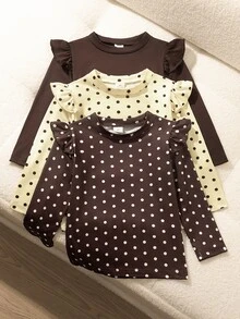 SHEIN 女童長袖上衣，3色可選：純色深色、黑色波點、深色波點，圓領荷葉袖，秋季嬰兒款 - 彩色 - 查看 9