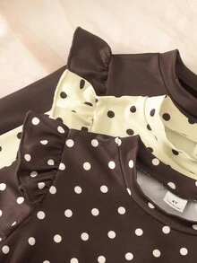 SHEIN 女童長袖上衣，3色可選：純色深色、黑色波點、深色波點，圓領荷葉袖，秋季嬰兒款 - 彩色 - 查看 10