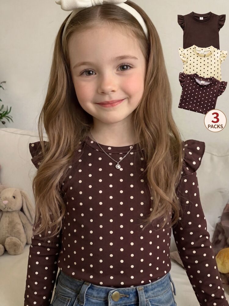 SHEIN Young Girls Long Sleeve Top, 3 Colors: Solid Dark, Black With Polka Dots, Dark With Polka Dots, Round Neck Ruffle Flutter Sleeve Fall Baby - Multicolor - View 3