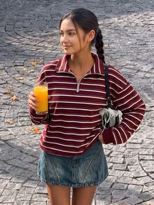 青少年女孩復古街頭風酒紅色條紋半拉鍊立領運動衫，秋季休閒白色長袖外套，適合假期與畢業季 - 彩色 - 查看 3