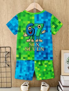 2pcs/Set Young Boys Summer Outfit, Creative Numeric 67 & Cartoon Graphic Mosaic Print Short Sleeve T-Shirt And Shorts, Comfortable Daily Casual Wear - Multicolor - View 3