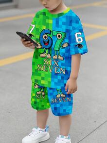2pcs/Set Young Boys Summer Outfit, Creative Numeric 67 & Cartoon Graphic Mosaic Print Short Sleeve T-Shirt And Shorts, Comfortable Daily Casual Wear - Multicolor - View 2