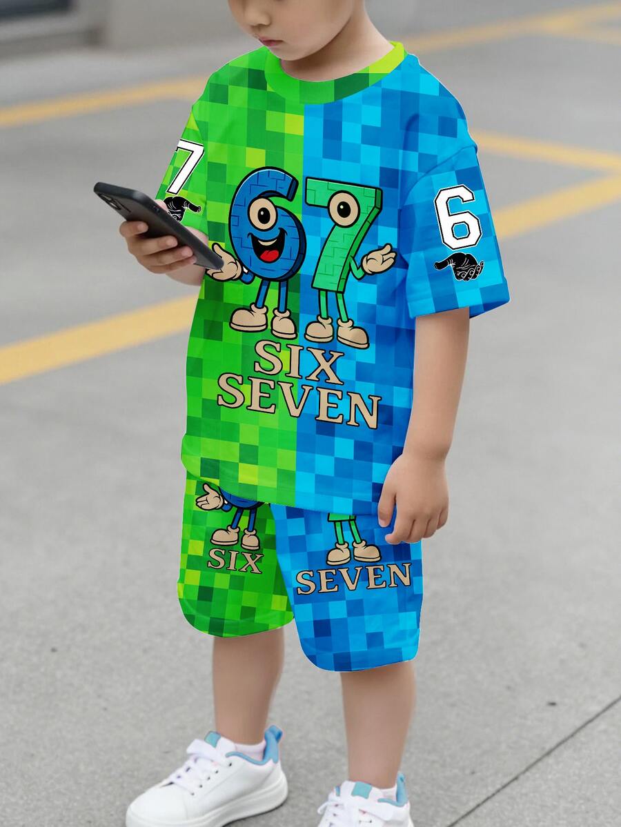 2pcs/Set Young Boys Summer Outfit, Creative Numeric 67 & Cartoon Graphic Mosaic Print Short Sleeve T-Shirt And Shorts, Comfortable Daily Casual Wear