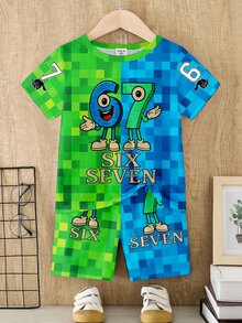 2pcs/Set Young Boys Summer Outfit, Creative Numeric 67 & Cartoon Graphic Mosaic Print Short Sleeve T-Shirt And Shorts, Comfortable Daily Casual Wear - Multicolor - View 6