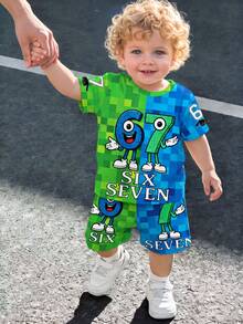 2pcs/Set Young Boys Summer Outfit, Creative Numeric 67 & Cartoon Graphic Mosaic Print Short Sleeve T-Shirt And Shorts, Comfortable Daily Casual Wear - Multicolor - View 4