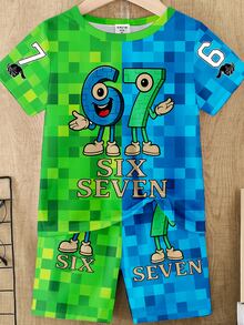 2pcs/Set Young Boys Summer Outfit, Creative Numeric 67 & Cartoon Graphic Mosaic Print Short Sleeve T-Shirt And Shorts, Comfortable Daily Casual Wear - Multicolor - View 9