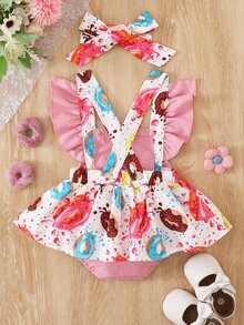 SHEIN Playful Pals Baby Girl Cartoon Donut Printed Overalls Jumpsuit Summer Birthday Party White And Pink Cute - Pink - View 5