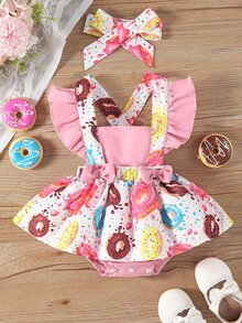SHEIN Playful Pals Baby Girl Cartoon Donut Printed Overalls Jumpsuit Summer Birthday Party White And Pink Cute - Pink - View 1