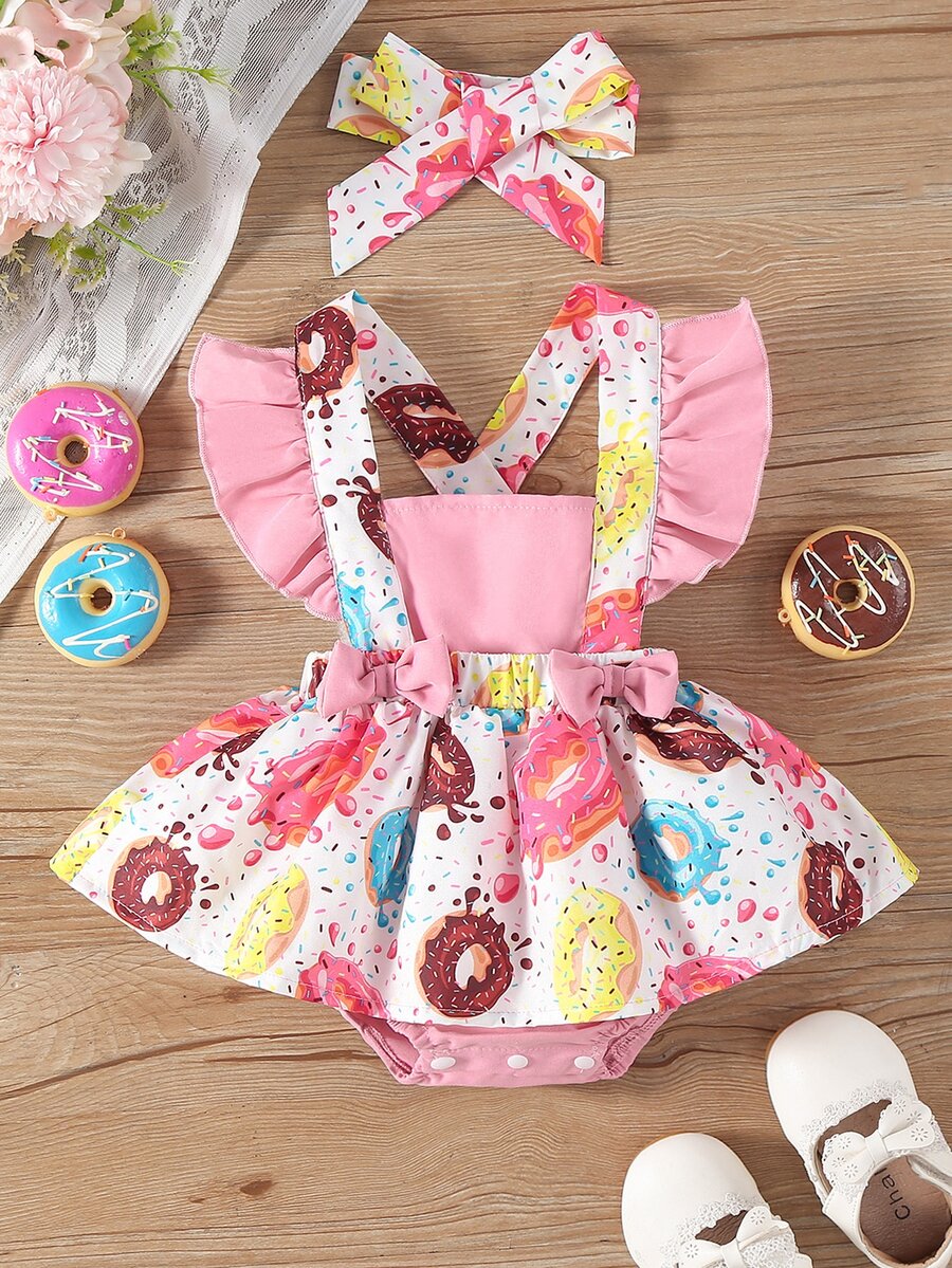SHEIN Playful Pals Baby Girl Cartoon Donut Printed Overalls Jumpsuit Summer Birthday Party White And Pink Cute - Pink - View 1