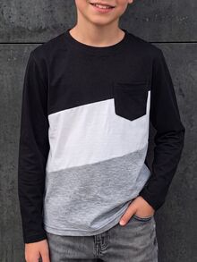 SHEIN 青少年男孩秋季上衣，黑色拼接長袖T恤，附胸前口袋，休閒秋冬日常穿著T恤 - 黑與白 - 查看 3