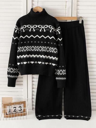 Bộ áo len dệt kim cổ cao cổ tròn họa tiết Fair Isle jacquard dày màu đen trắng cho bé gái tuổi teen mùa thu/đông + quần dài ống rộng màu đen gấu dệt Fair Isle, chất vải mềm mại thoải mái, phù hợp mặc đơn, phối lớp, lễ hội, thường ngày, tiệc tùng, mua sắm và nhiều dịp khác