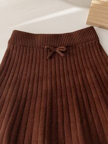 Souflis Souflis 2pcs Set Young Girls Cute Long Sleeve 3D Bow Decor Sweater And Pleated Skirt, Autumn/Winter - Brown - View 7