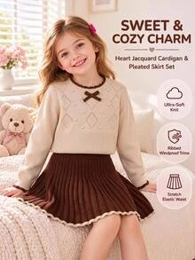 Souflis Souflis 2pcs Set Young Girls Cute Long Sleeve 3D Bow Decor Sweater And Pleated Skirt, Autumn/Winter - Brown - View 9