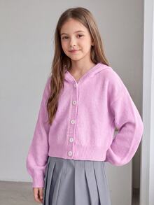 Genkimix Kids Girls Purple Knit Cardigan Sweater, Button Front, Cozy Ribbed Cuffs, Baby Toddlers Young, Autumn - Mauve Purple - View 3