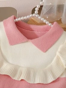 Souflis 小女孩針織毛衣洋裝，幼兒女童領口針織毛衣洋裝，粉色與米色，荷葉邊下擺，法式公主風，舒適柔軟百搭休閒極簡設計，適合秋冬外出、拍照、戶外玩耍、野餐、旅行 - 粉色 - 查看 9