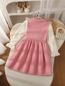 Souflis 小女孩針織毛衣洋裝，幼兒女童領口針織毛衣洋裝，粉色與米色，荷葉邊下擺，法式公主風，舒適柔軟百搭休閒極簡設計，適合秋冬外出、拍照、戶外玩耍、野餐、旅行 - 粉色 - 查看 5