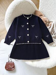 SHEIN 女嬰蝴蝶結刺繡針織開襟衫與百褶裙兩件套，學院風 - 藏蓝色 - 查看 3