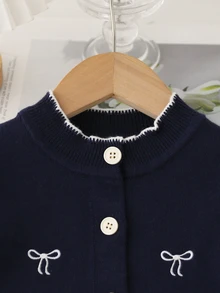 SHEIN 女嬰蝴蝶結刺繡針織開襟衫與百褶裙兩件套，學院風 - 藏蓝色 - 查看 6