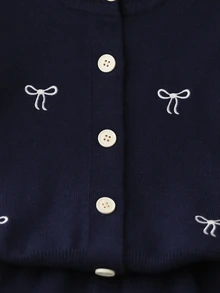 SHEIN 女嬰蝴蝶結刺繡針織開襟衫與百褶裙兩件套，學院風 - 藏蓝色 - 查看 7