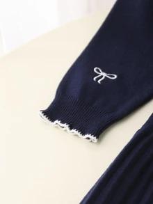 SHEIN 女嬰蝴蝶結刺繡針織開襟衫與百褶裙兩件套，學院風 - 藏蓝色 - 查看 5