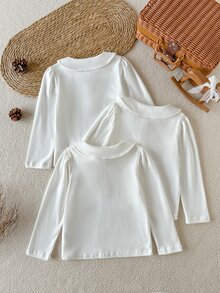 SHEIN 3pcs/Set Girls Toddler T-Shirts, Fresh & Gentle Style, Peter Collar Half-Button, Cream White + Puff Long Sleeve Base Layer T-Shirts, Suitable For Spring/Autumn And Back To School Season - Beige - View 2