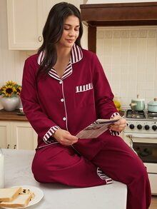 Doze Lane Bubble Crinkle Print Striped Colorblock Button-Front Plus Size Pajama Set - Red - View 6
