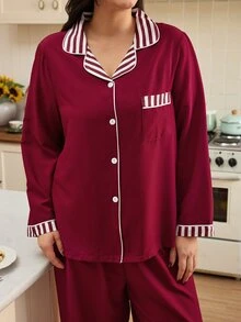 Doze Lane Bubble Crinkle Print Striped Colorblock Button-Front Plus Size Pajama Set - Red - View 7