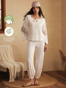 Lullawish Casual Relaxed Bohemian Lace Patchwork Comfortable Pure Cotton Tie-Up Ruched Women's Pajama Set - White - View 2