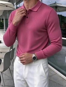 Manfinity Homme 男士純色休閒日常長袖 Polo 衫 - 玫紅色 - 查看 3