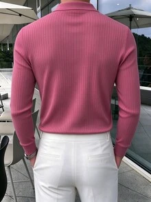 Manfinity Homme 男士純色休閒日常長袖 Polo 衫 - 玫紅色 - 查看 2