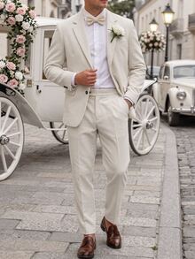 Manfinity Bizformal Men's Solid Color Long Sleeve Jacket And Pants Casual Classy Elegant Suit Set Wedding Business Formal Beige Fall - Apricot - View 7