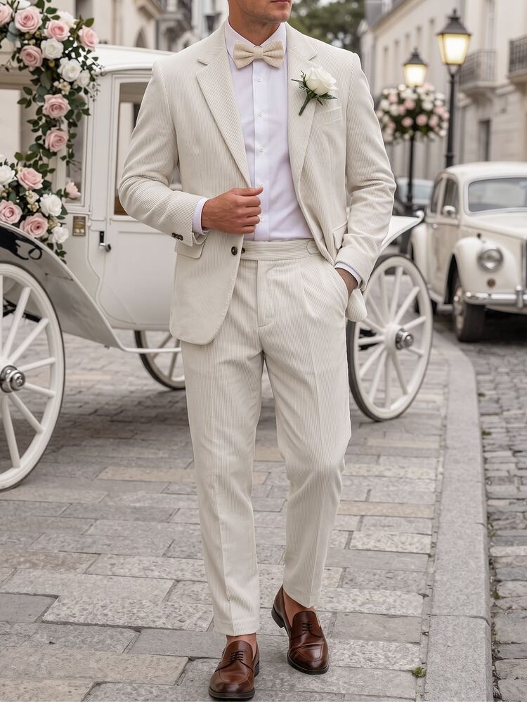 Manfinity Bizformal Men's Solid Color Long Sleeve Jacket And Pants Casual Classy Elegant Suit Set Wedding Formal Off-White Autumn - Apricot - View 7