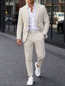 Manfinity Bizformal Men's Solid Color Long Sleeve Jacket And Pants Casual Classy Elegant Suit Set Wedding Business Formal Beige Fall - Apricot - View 3