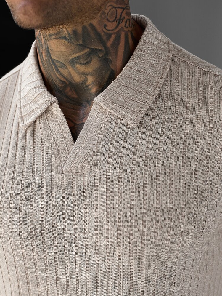 Calvornis Men's Casual Versatile Solid Color Long Sleeve Polo Shirt - Apricot - View 3
