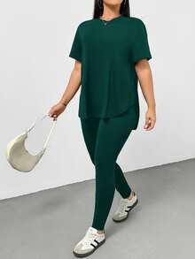 Shapeblank Plus Size Women's Summer Dark Green Short-Sleeved T-Shirt And Leggings 2 Pieces Set,Smart Casual Everyday Pants Set,Comfortable Street Wear - Dark Green - View 8