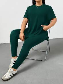 Shapeblank Plus Size Women's Summer Dark Green Short-Sleeved T-Shirt And Leggings 2 Pieces Set,Smart Casual Everyday Pants Set,Comfortable Street Wear - Dark Green - View 6