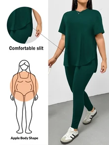 Shapeblank Plus Size Women's Summer Dark Green Short-Sleeved T-Shirt And Leggings 2 Pieces Set,Smart Casual Everyday Pants Set,Comfortable Street Wear - Dark Green - View 2