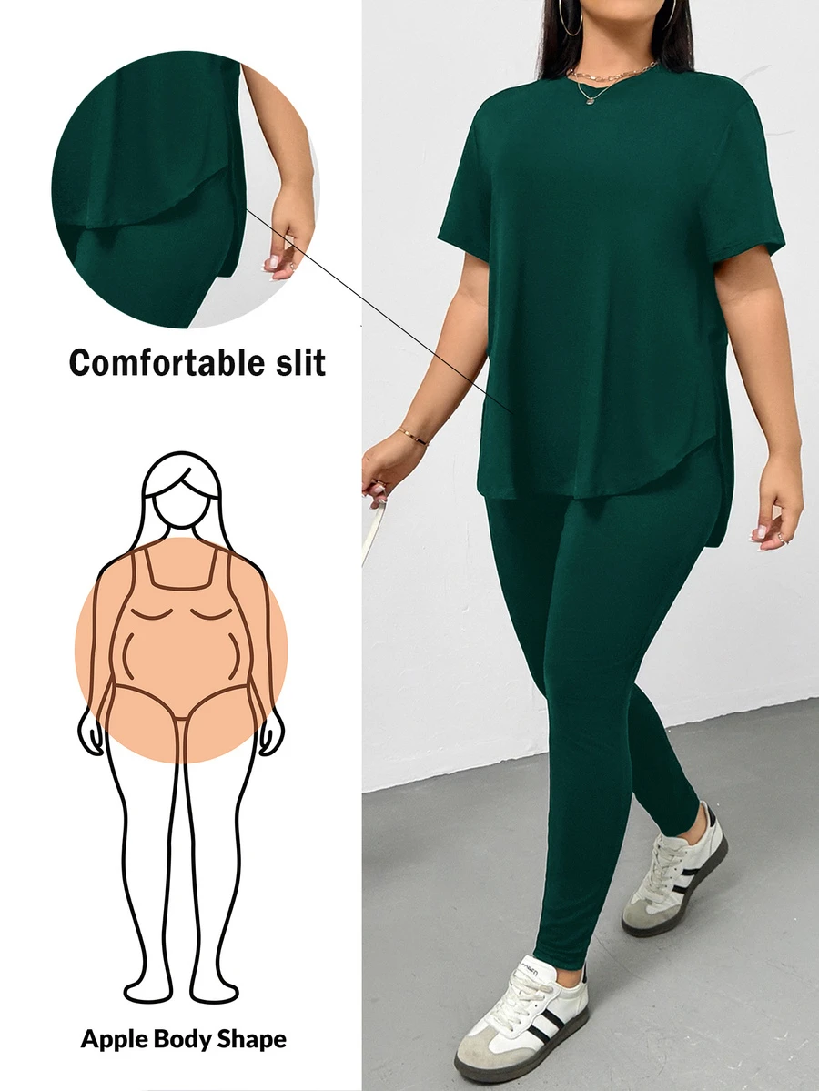 Shapeblank Plus Size Women's Summer Dark Green Short-Sleeved T-Shirt And Leggings 2 Pieces Set,Smart Casual Everyday Pants Set,Comfortable Street Wear