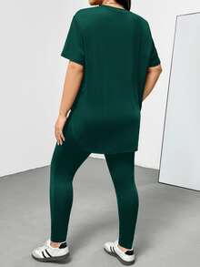 Shapeblank Plus Size Women's Summer Dark Green Short-Sleeved T-Shirt And Leggings 2 Pieces Set,Smart Casual Everyday Pants Set,Comfortable Street Wear - Dark Green - View 5