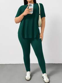 Shapeblank Plus Size Women's Summer Dark Green Short-Sleeved T-Shirt And Leggings 2 Pieces Set,Smart Casual Everyday Pants Set,Comfortable Street Wear - Dark Green - View 7