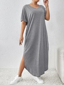 Shapeblank Plus Size Women's Spring And Summer New Fashion Commuter Casual Pocket Design Slit Long Robe Dress - Light Grey - View 7