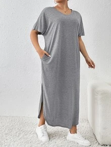 Shapeblank Plus Size Women's Spring And Summer New Fashion Commuter Casual Pocket Design Slit Long Robe Dress - Light Grey - View 5