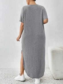 Shapeblank Plus Size Women's Spring And Summer New Fashion Commuter Casual Pocket Design Slit Long Robe Dress - Light Grey - View 8
