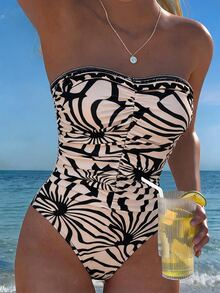 Swim Lushoire Women's Solid Color Bandeau Ruched One-Piece Swimsuit, Beach Summer Outfit - Multicolor - View 8