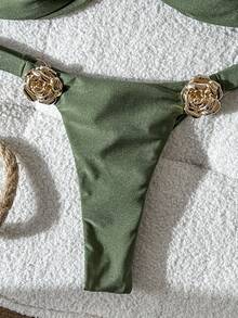 SHEIN Swim Women's Army Green Halter Tie Back Bandeau Thong Bikini Set With Gold Rose Detail - Army Green - View 6