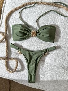 SHEIN Swim Women's Army Green Halter Tie Back Bandeau Thong Bikini Set With Gold Rose Detail - Army Green - View 1