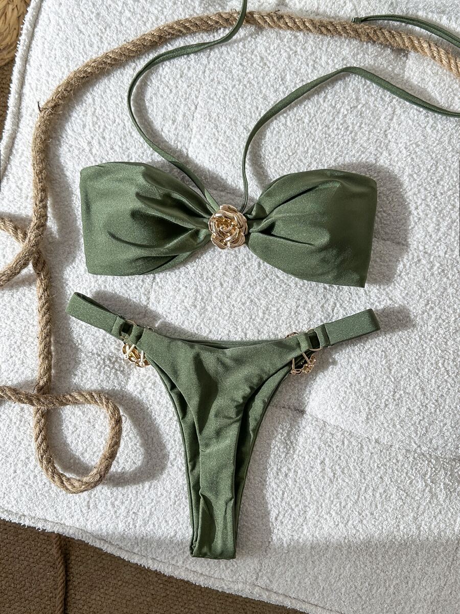 SHEIN Swim Women's Army Green Halter Tie Back Bandeau Thong Bikini Set With Gold Rose Detail - Army Green - View 1