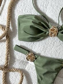 SHEIN Swim Women's Army Green Halter Tie Back Bandeau Thong Bikini Set With Gold Rose Detail - Army Green - View 5