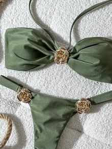 SHEIN Swim Women's Army Green Halter Tie Back Bandeau Thong Bikini Set With Gold Rose Detail - Army Green - View 7