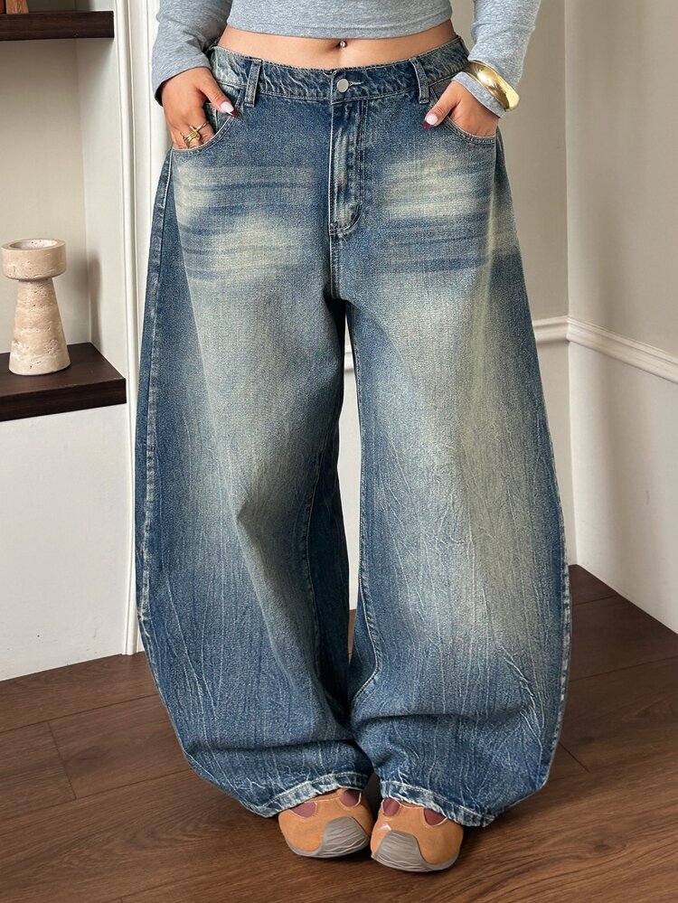 Dazy Plus Street Casual Distressed Vintage Washed Low Waist Blogger Style Long Denim Jeans Spring Autumn New - Blue - View 8